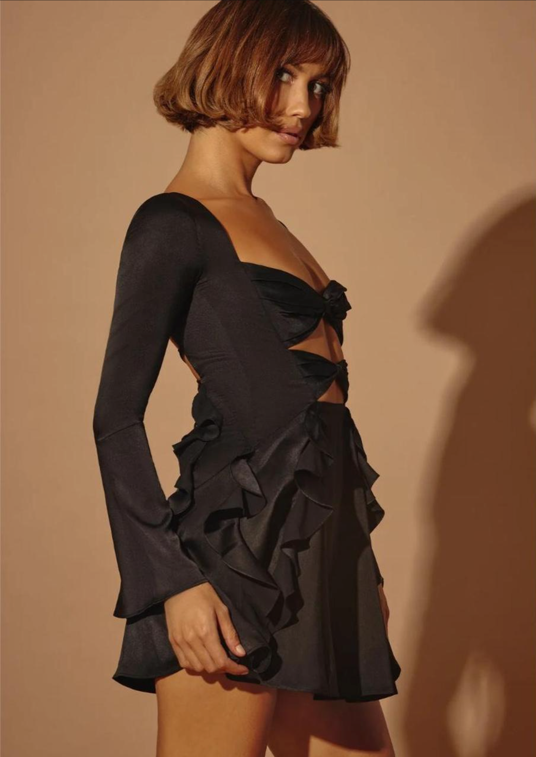 Cutout satin long sleeve mini dress