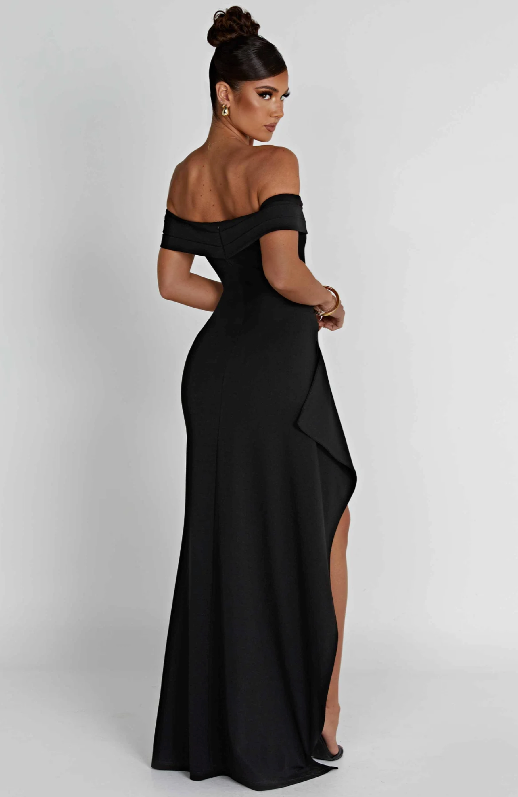 Black off-shoulders draped slit dress
