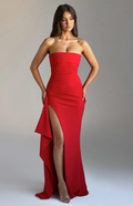 Red off-shoulders draped slit dress