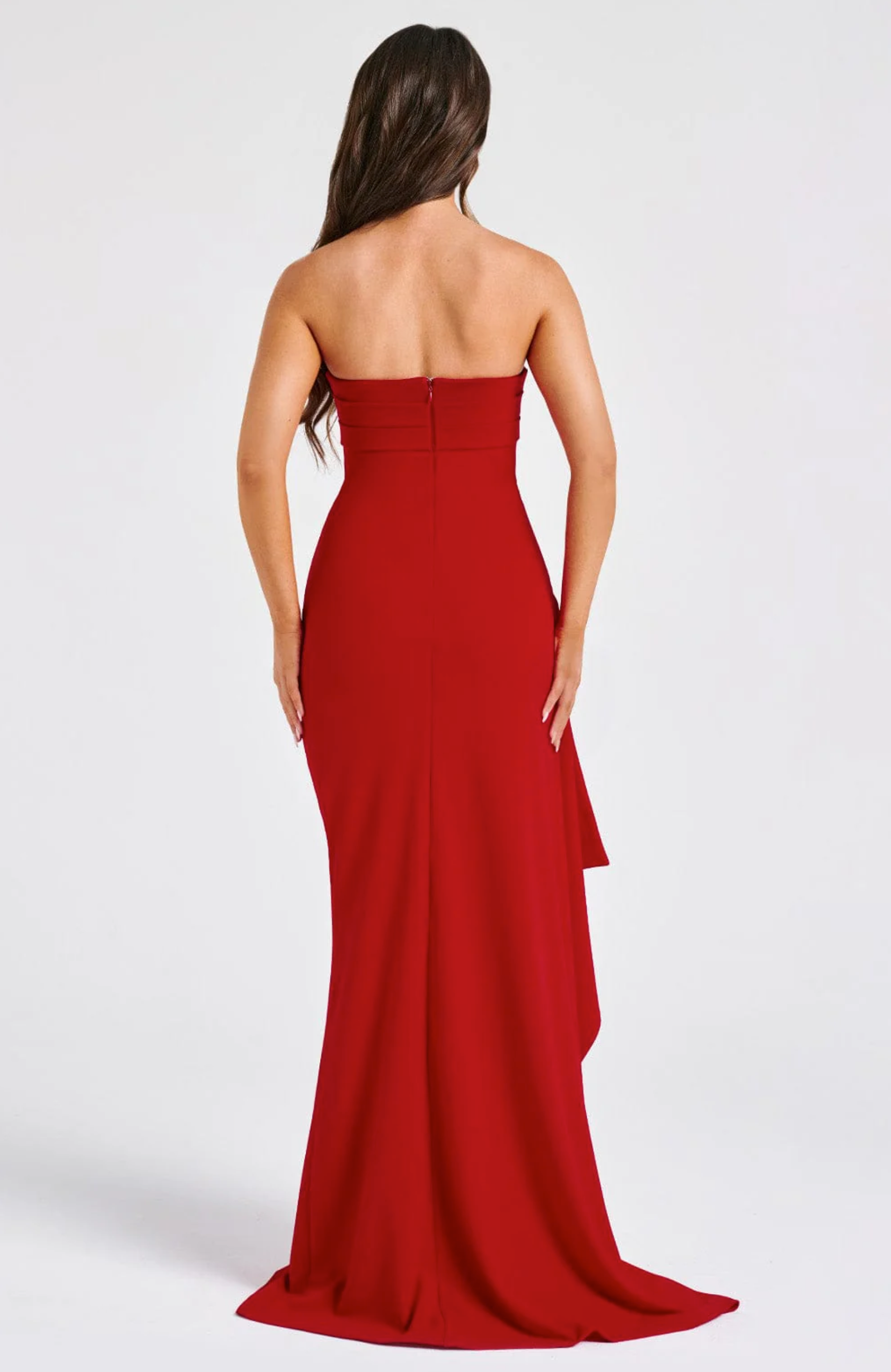 Red off-shoulders draped slit dress