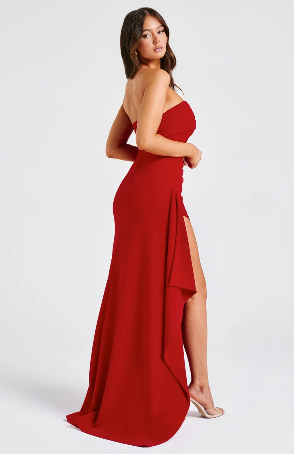 Red off-shoulders draped slit dress