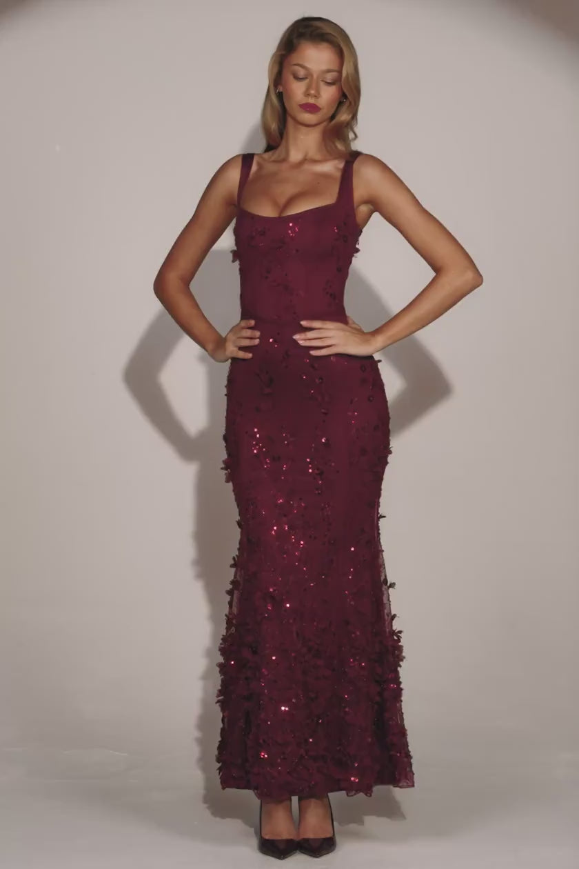 Embellished 3d floral gown in  burgundy