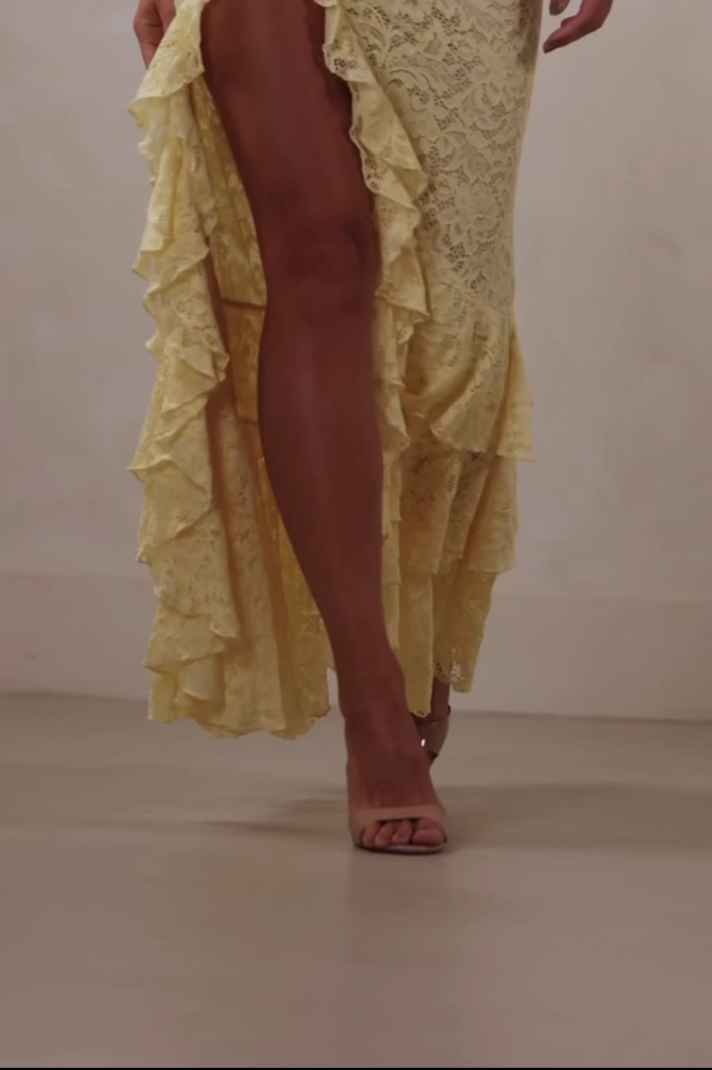 Lace square neck ruffle maxi dress in butter yellow
