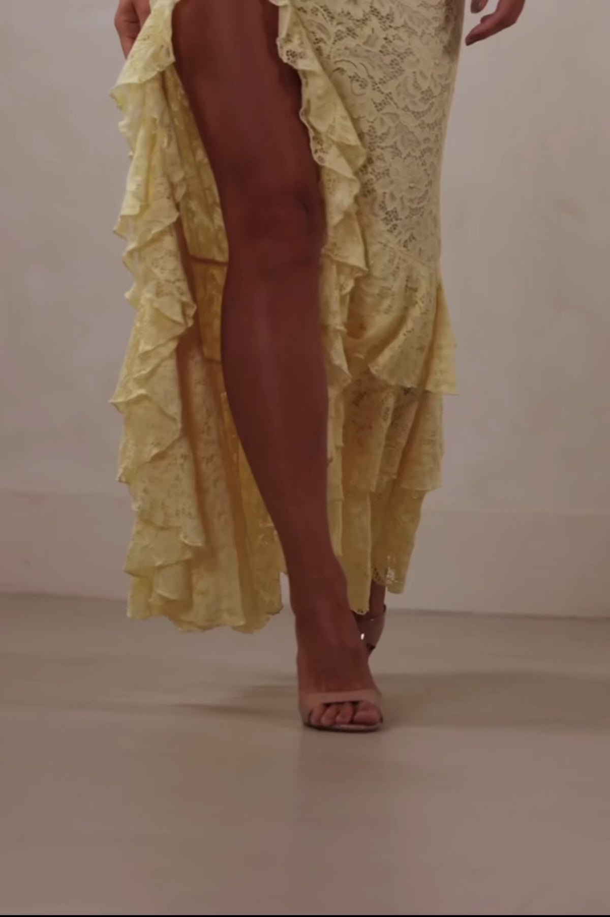 Lace square neck ruffle maxi dress in butter yellow