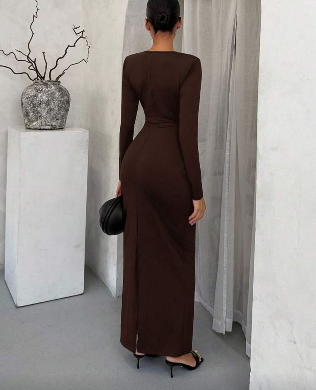 Cut-Out slinky maxi dress with gold buttons brown