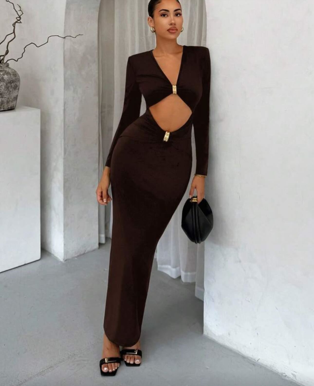 Cut-Out slinky maxi dress with gold buttons brown